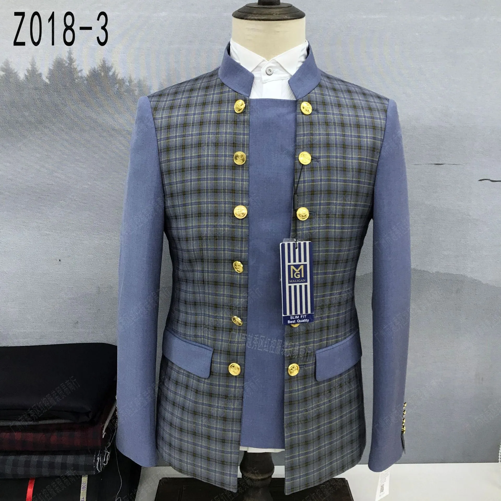 Fashionable Patchwork Suits for Men 2 Pieces Slim Fit Fashion Chinese Tunic Suit Blazer Pants Luxury Gold Buttons Plaid Tuxedos