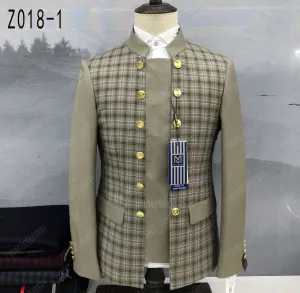 Fashionable Patchwork Suits for Men 2 Pieces Slim Fit Fashion Chinese Tunic Suit Blazer Pants Luxury Gold Buttons Plaid Tuxedos
