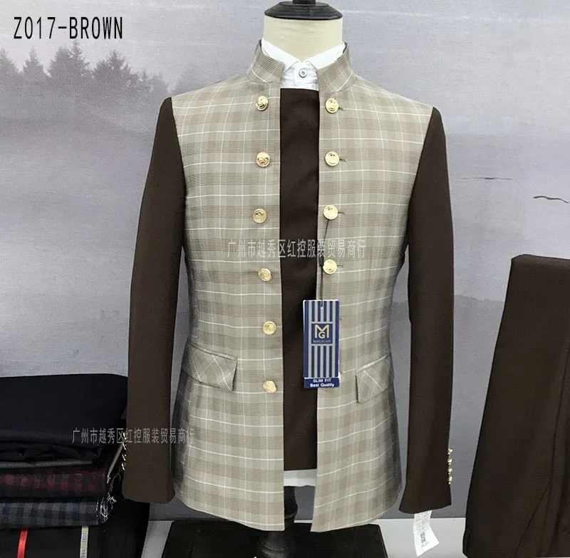 Fashionable Patchwork Suits for Men 2 Pieces Slim Fit Fashion Chinese Tunic Suit Blazer Pants Luxury Gold Buttons Plaid Tuxedos