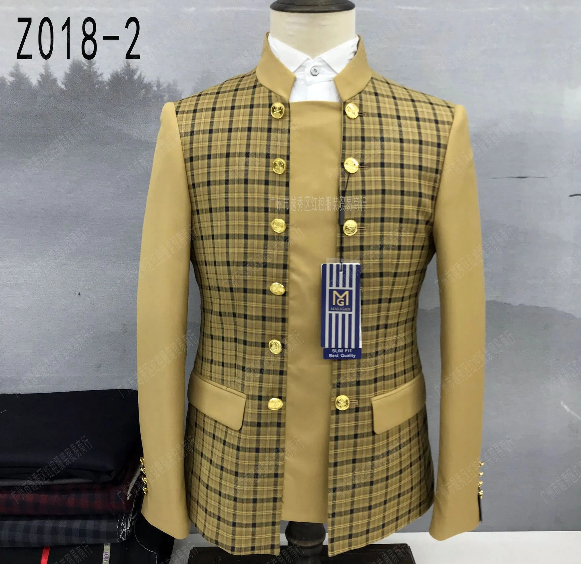 Fashionable Patchwork Suits for Men 2 Pieces Slim Fit Fashion Chinese Tunic Suit Blazer Pants Luxury Gold Buttons Plaid Tuxedos