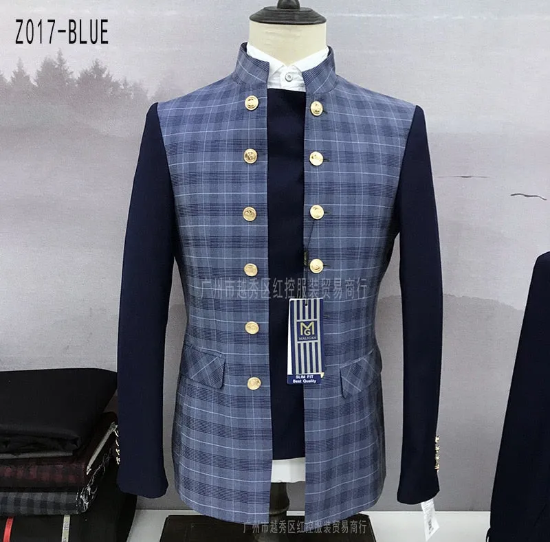 Fashionable Patchwork Suits for Men 2 Pieces Slim Fit Fashion Chinese Tunic Suit Blazer Pants Luxury Gold Buttons Plaid Tuxedos