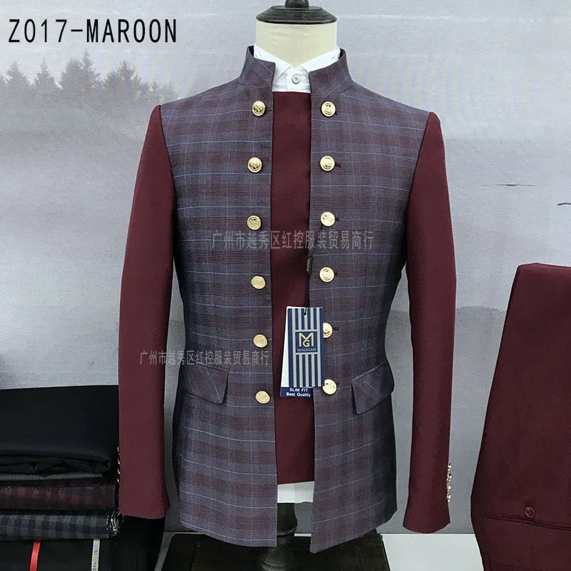 Fashionable Patchwork Suits for Men 2 Pieces Slim Fit Fashion Chinese Tunic Suit Blazer Pants Luxury Gold Buttons Plaid Tuxedos