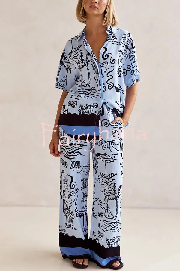 Fashionable Plant Print Loose Lapel Short Sleeve Shirt and Casual Elastic Waist Pocket Pants Set