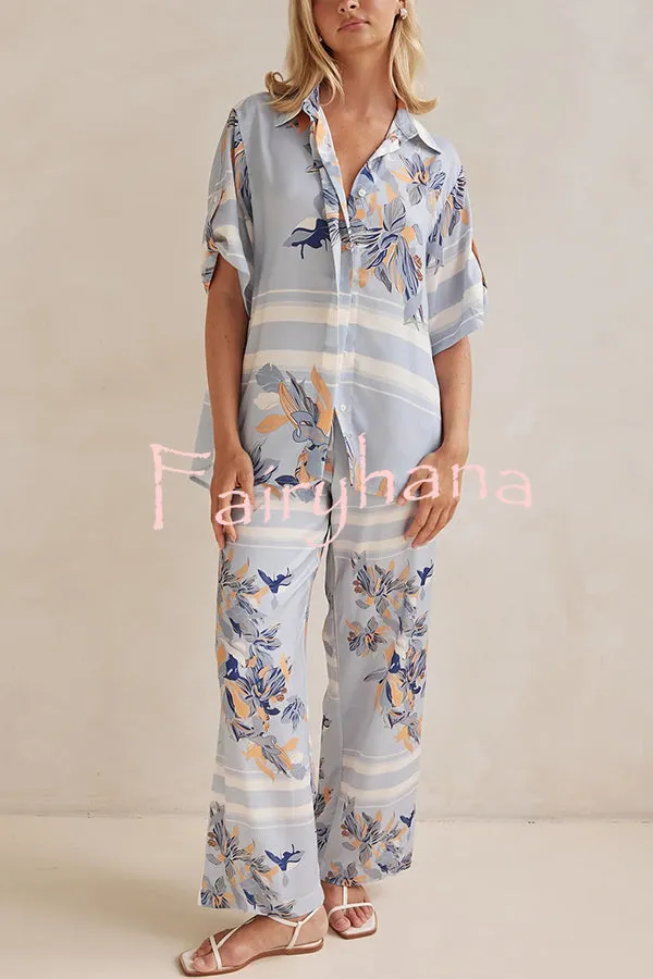 Fashionable Plant Print Loose Lapel Short Sleeve Shirt and Casual Elastic Waist Pocket Pants Set