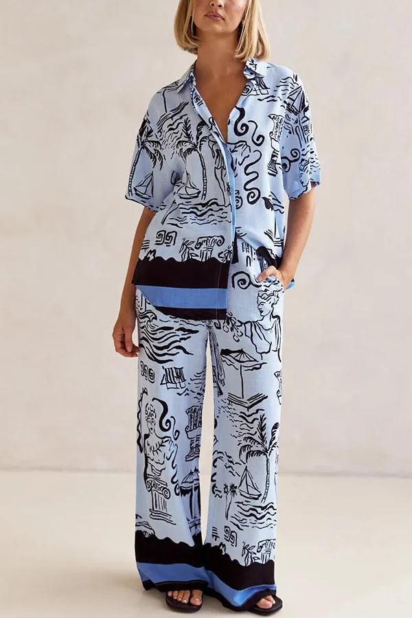 Fashionable Plant Print Loose Lapel Short Sleeve Shirt and Casual Elastic Waist Pocket Pants Set