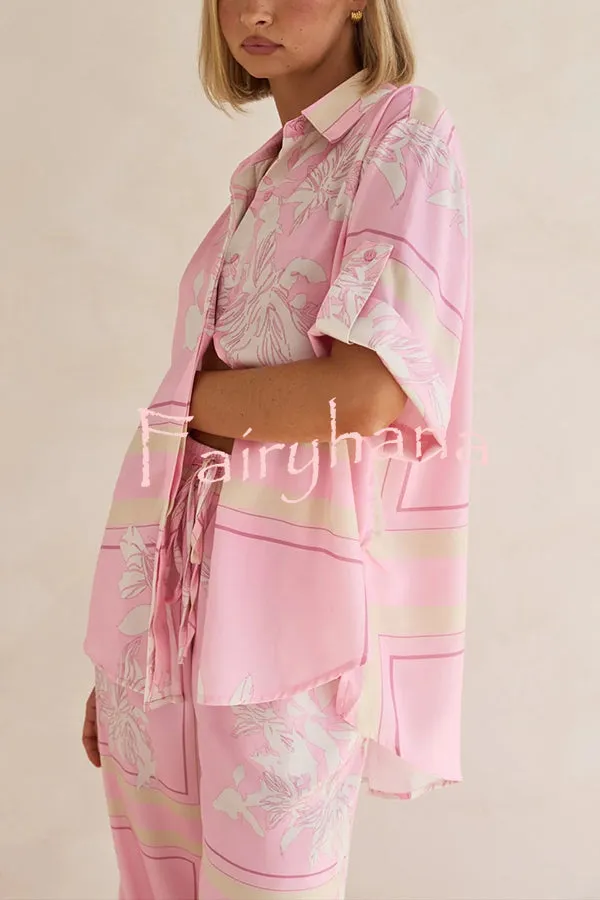 Fashionable Plant Print Loose Lapel Short Sleeve Shirt and Casual Elastic Waist Pocket Pants Set