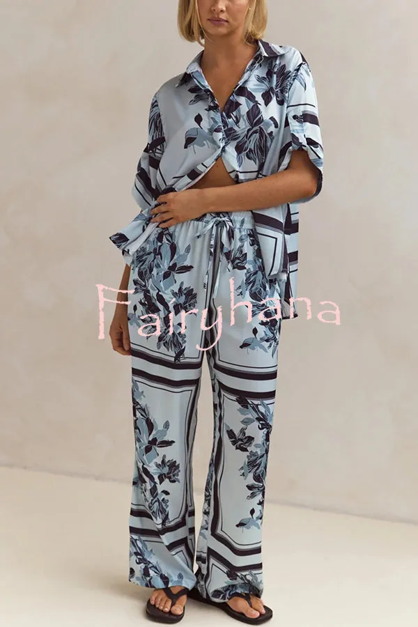 Fashionable Plant Print Loose Lapel Short Sleeve Shirt and Casual Elastic Waist Pocket Pants Set