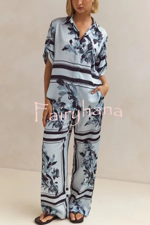 Fashionable Plant Print Loose Lapel Short Sleeve Shirt and Casual Elastic Waist Pocket Pants Set
