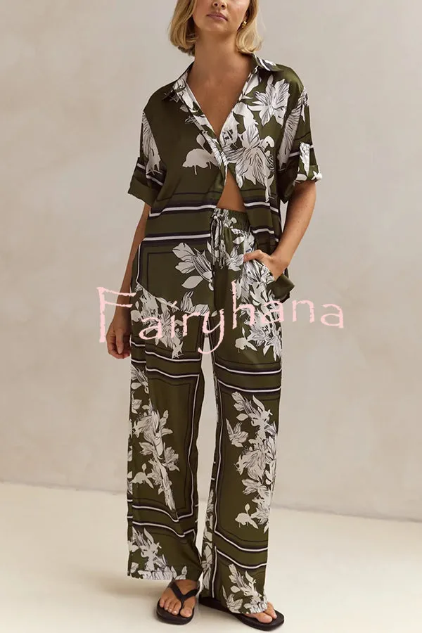 Fashionable Plant Print Loose Lapel Short Sleeve Shirt and Casual Elastic Waist Pocket Pants Set