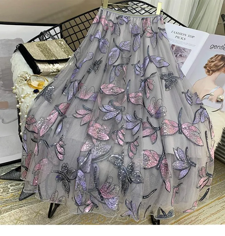 Floral Embroidery Pleated Skirts Female CODE: KAR745
