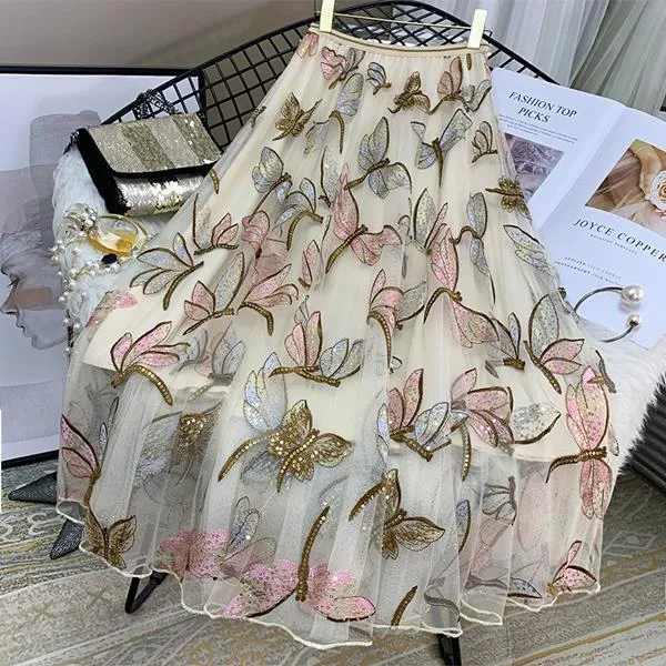 Floral Embroidery Pleated Skirts Female CODE: KAR745