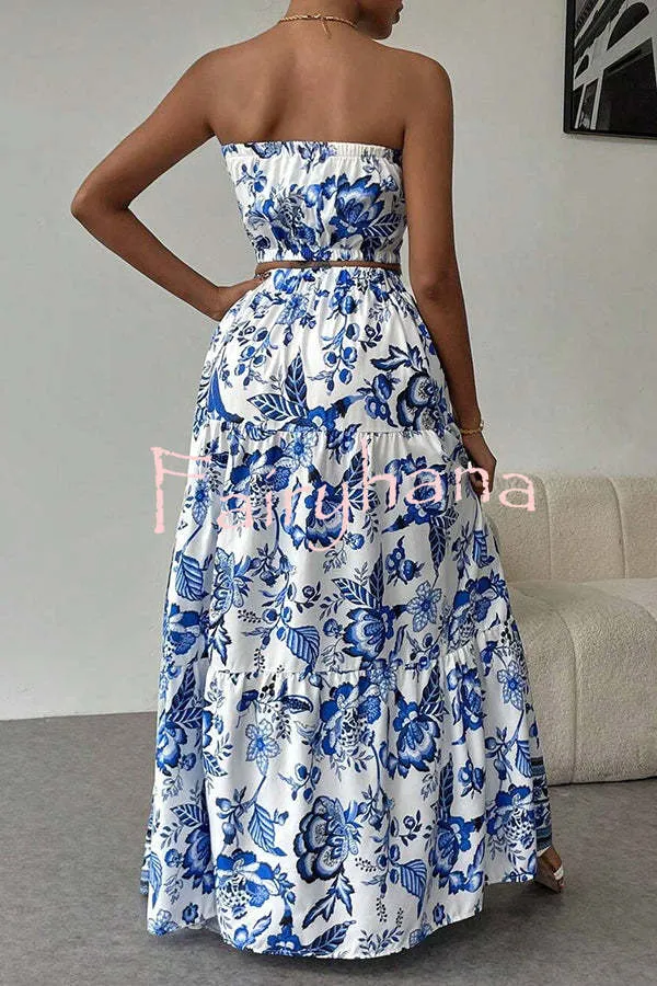 Floral Print Cutout Bandeau Top and Elastic Waist Full Maxi Skirt Set