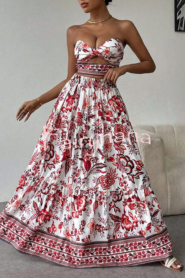 Floral Print Cutout Bandeau Top and Elastic Waist Full Maxi Skirt Set