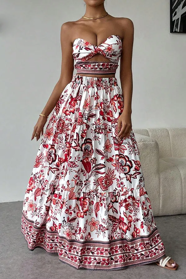 Floral Print Cutout Bandeau Top and Elastic Waist Full Maxi Skirt Set