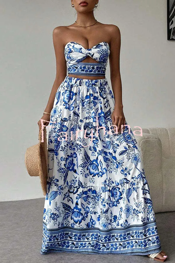 Floral Print Cutout Bandeau Top and Elastic Waist Full Maxi Skirt Set