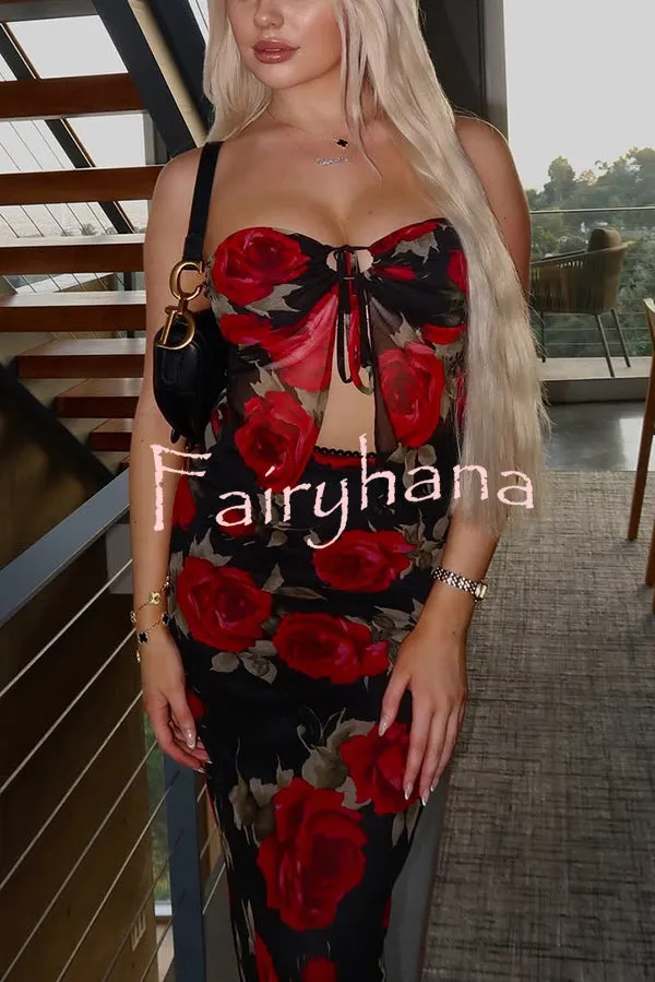 Floral Print Sexy Bandeau Lace-up Top and Slim Mesh Stretch Maxi Skirt Set