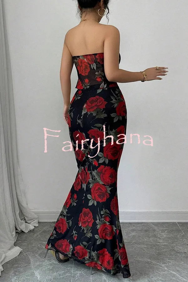 Floral Print Sexy Bandeau Lace-up Top and Slim Mesh Stretch Maxi Skirt Set