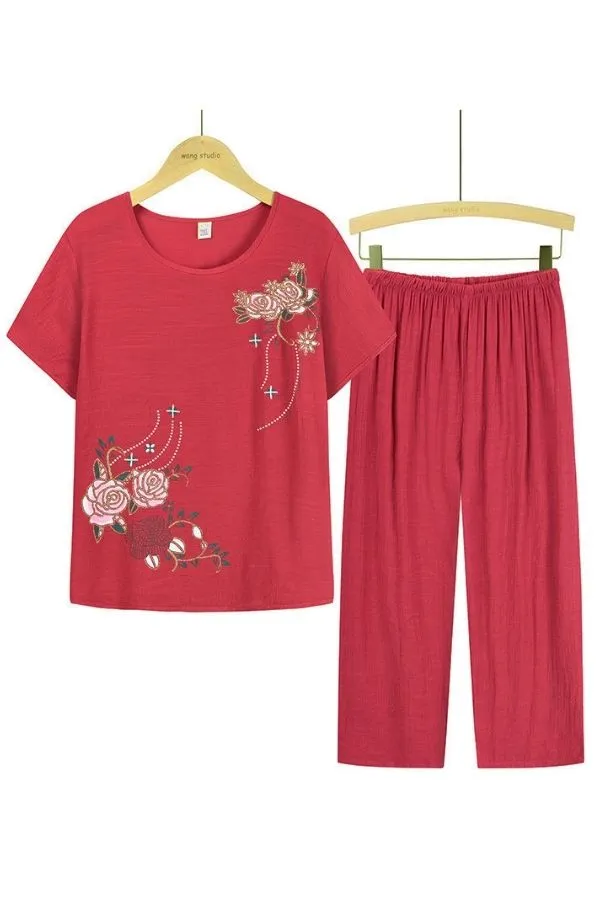 Floral Printing Cotton Pant Suits