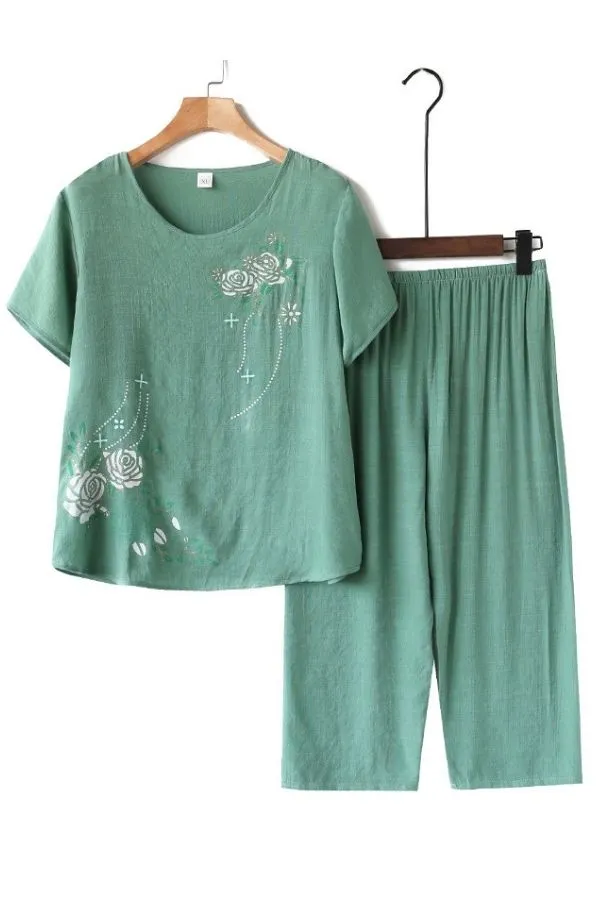 Floral Printing Cotton Pant Suits