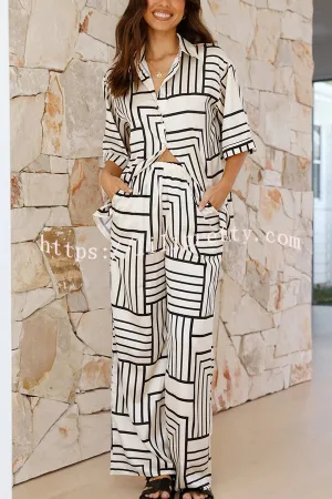 Freedom Forever Unique Print Short Sleeve Loose Shirt and Elastic Waist Pants Set