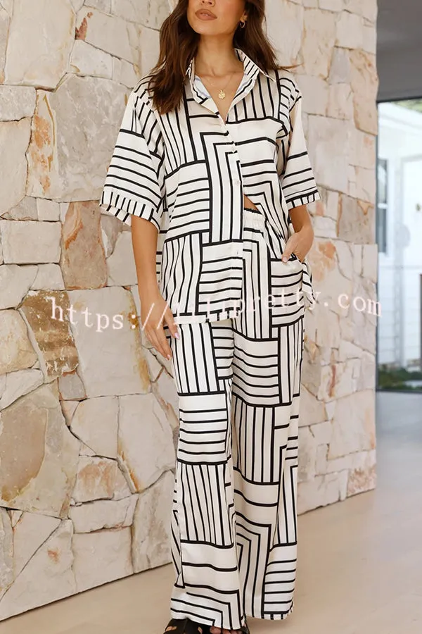 Freedom Forever Unique Print Short Sleeve Loose Shirt and Elastic Waist Pants Set