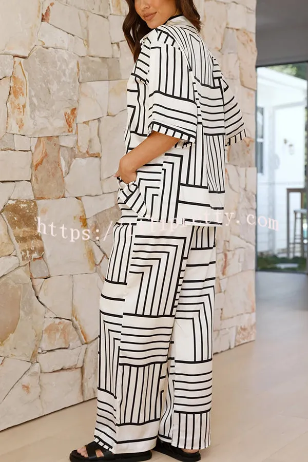 Freedom Forever Unique Print Short Sleeve Loose Shirt and Elastic Waist Pants Set
