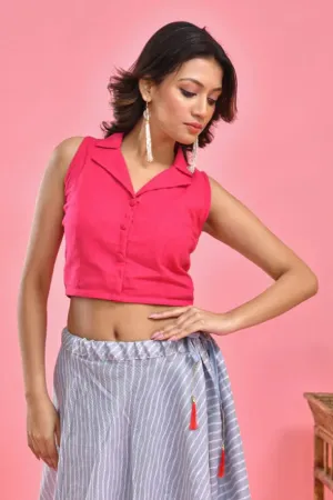 Fuchsia Pink Sleeveless Collared Crop Top Blouse