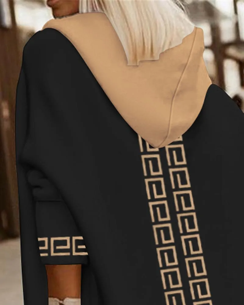 Geometric Print Colorblock Hooded Longline Cardigan