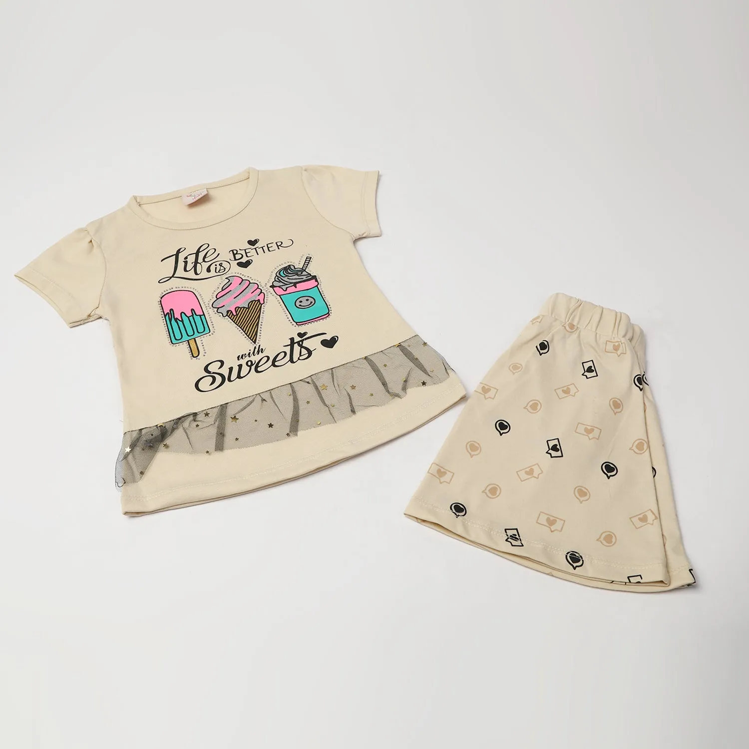 Girl's Half Sleeves Skirt Suit - Cream