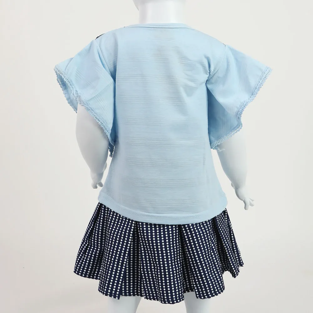 Girls Half Sleeves Skirt Suit - Light Blue