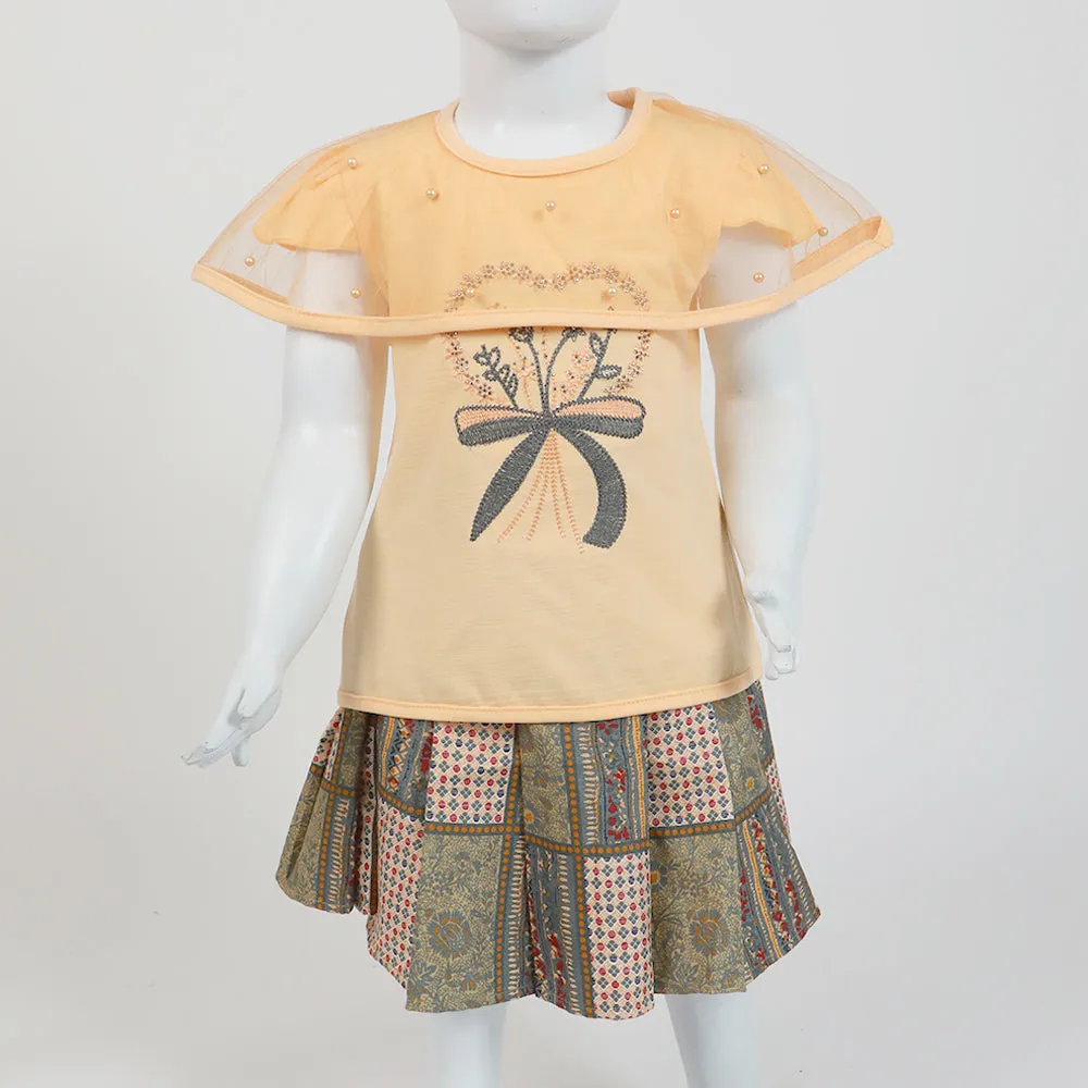 Girls Half Sleeves Skirt Suit - Peach