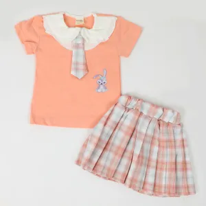 Girls Half Sleeves Skirt Suit - Peach