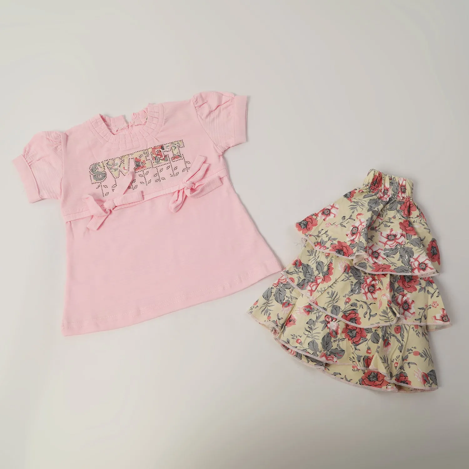 Girls Half Sleeves Skirt Suit - Pink
