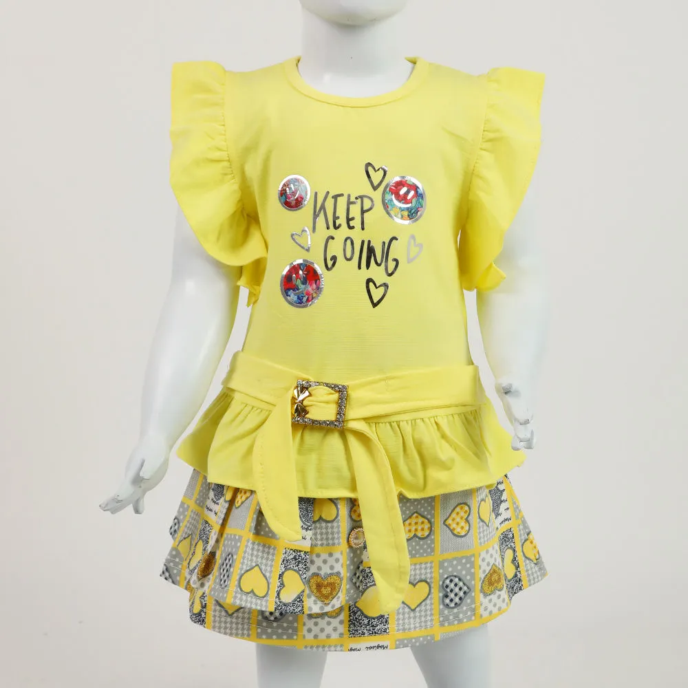 Girls Half Sleeves Skirt Suit - Yellow