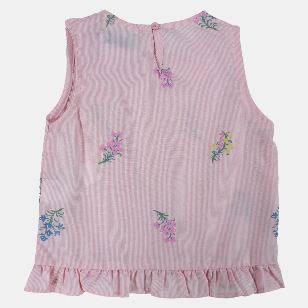 Girls Pink Striped Floral Sleeveless Blouse