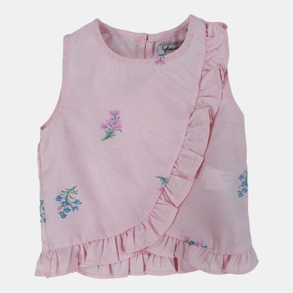 Girls Pink Striped Floral Sleeveless Blouse