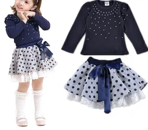 Girls' suits girls T-shirt   skirt 2pcs clothing Diamond dot bow dress children's skirt suit