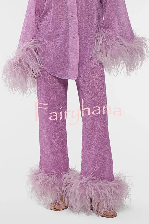Glitter Fabric Feather Trim Long Sleeve Button Top and Elastic Waist Loose Straight Pants Set