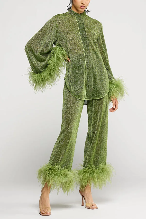 Glitter Fabric Feather Trim Long Sleeve Button Top and Elastic Waist Loose Straight Pants Set