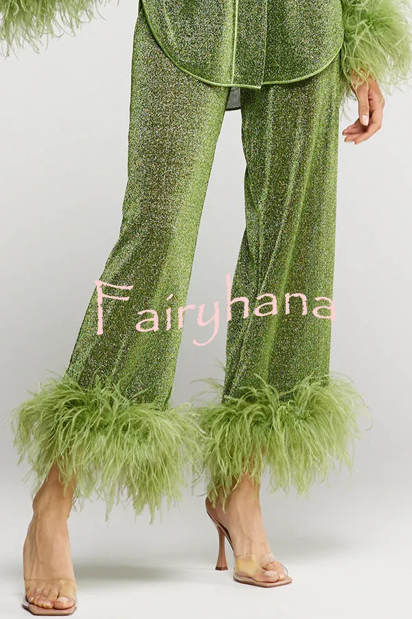 Glitter Fabric Feather Trim Long Sleeve Button Top and Elastic Waist Loose Straight Pants Set