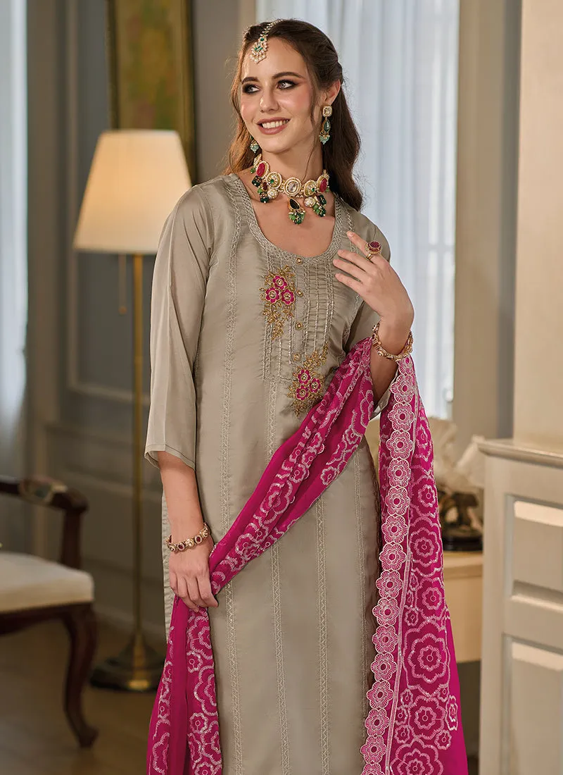 Grey And Pink Embroidery Salwar Kameez Suit