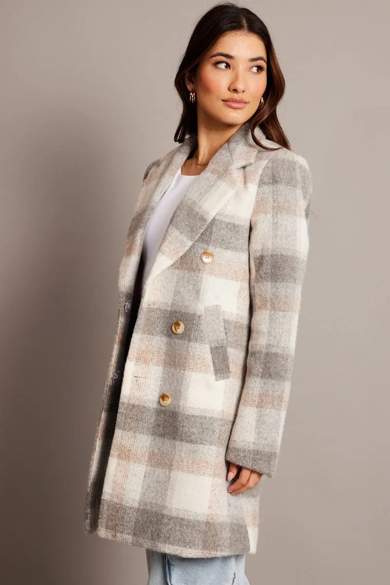 Grey Check Coat Long Sleeve