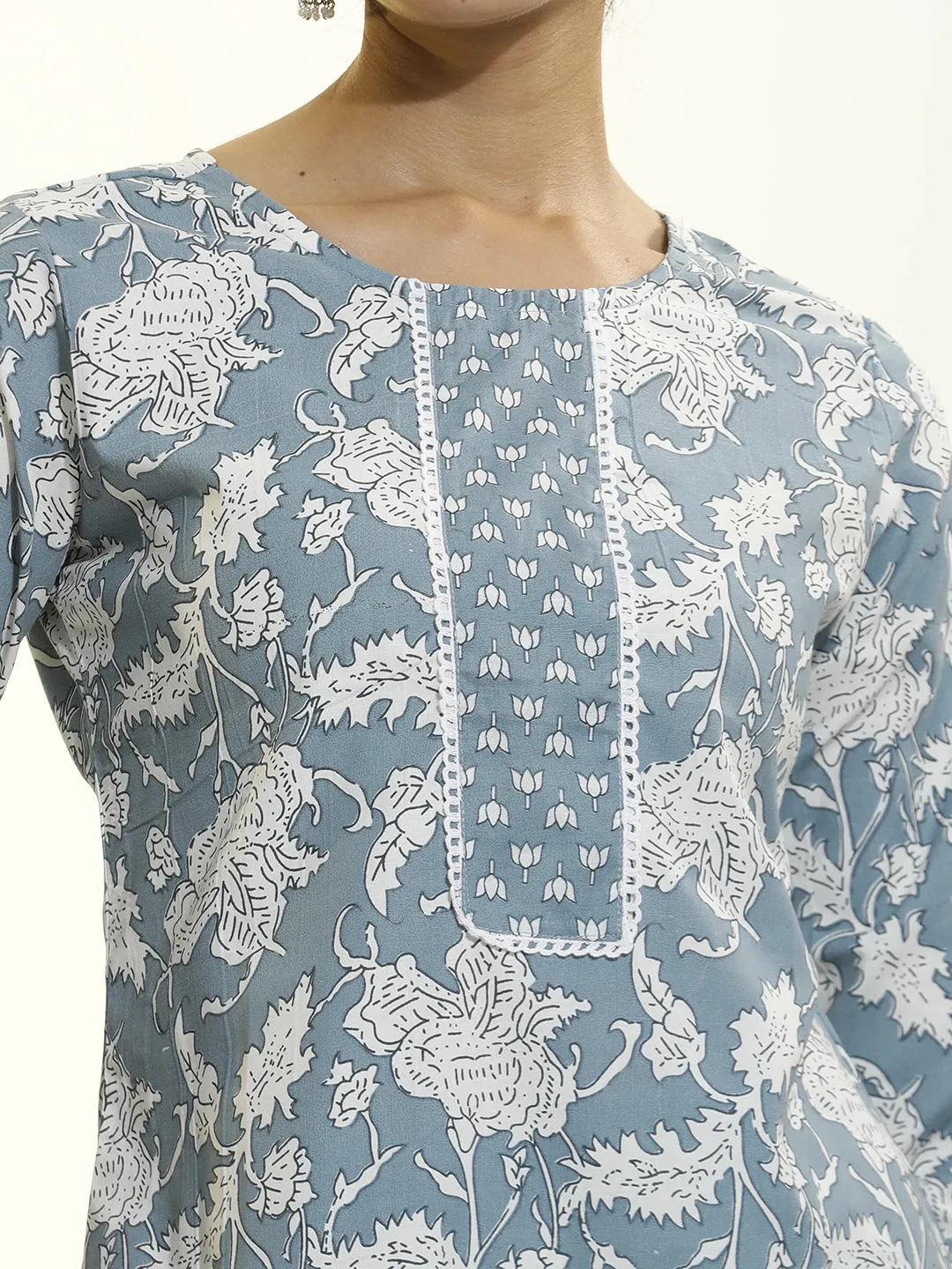 Grey Cotton Printed Straight Kurta Set