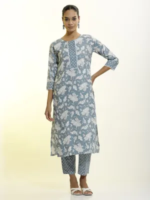 Grey Cotton Printed Straight Kurta Set