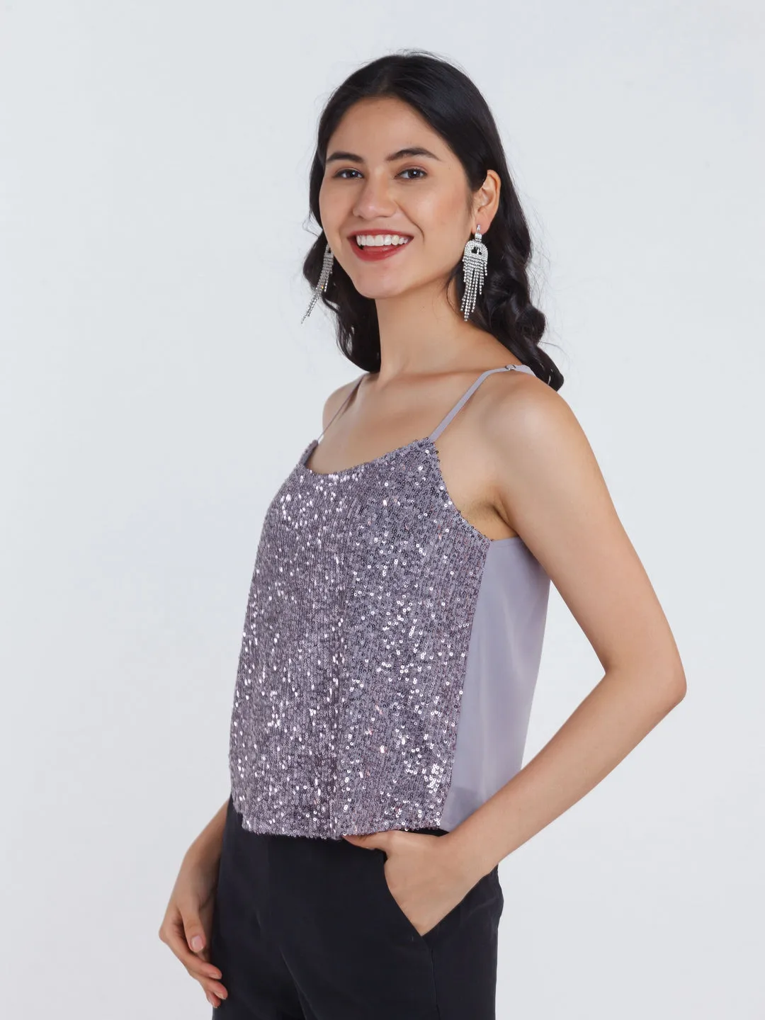 Grey Embellished Strappy Top