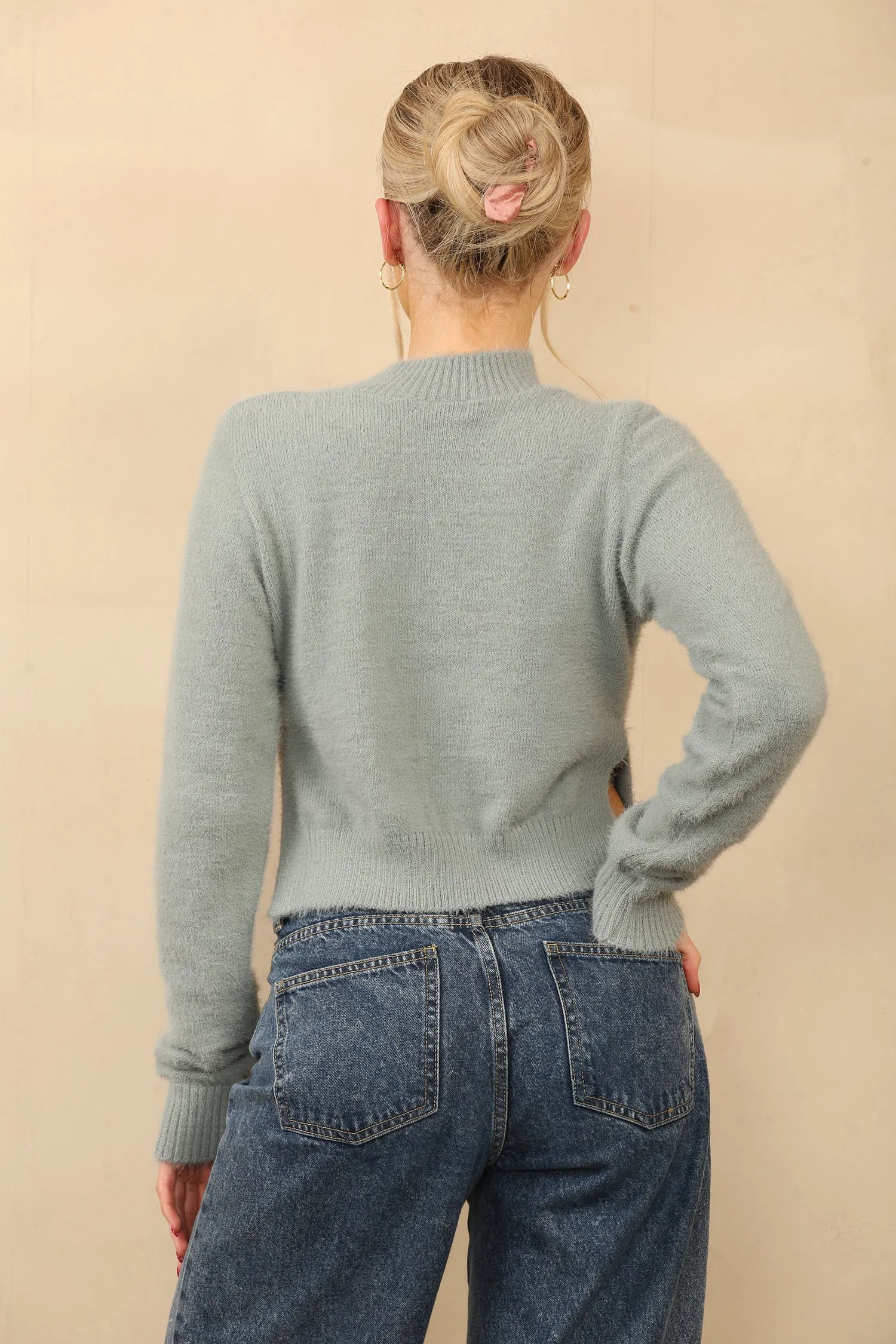 Grey High Neck Cropped Fluffy Side Split Jumper
