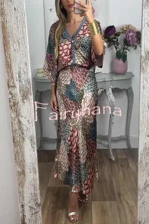 Harlen Satin Unique Printed Loose Shirt Top and Elastic Waist Maxi Skirt Set