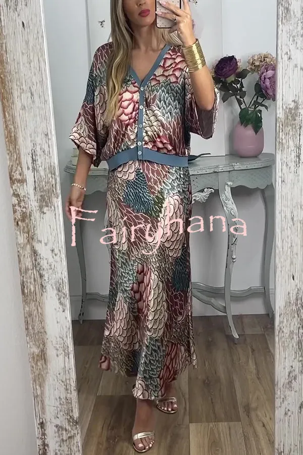 Harlen Satin Unique Printed Loose Shirt Top and Elastic Waist Maxi Skirt Set