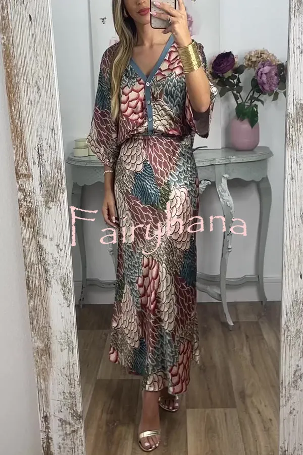 Harlen Satin Unique Printed Loose Shirt Top and Elastic Waist Maxi Skirt Set