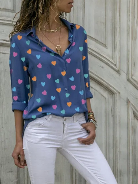 Heart Printed V Neck Lady's Blouse